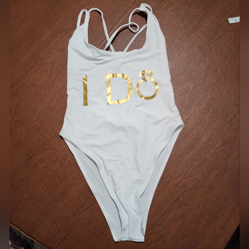 NWOT ... Elegant White and Gold Women's Swim Bodysuit